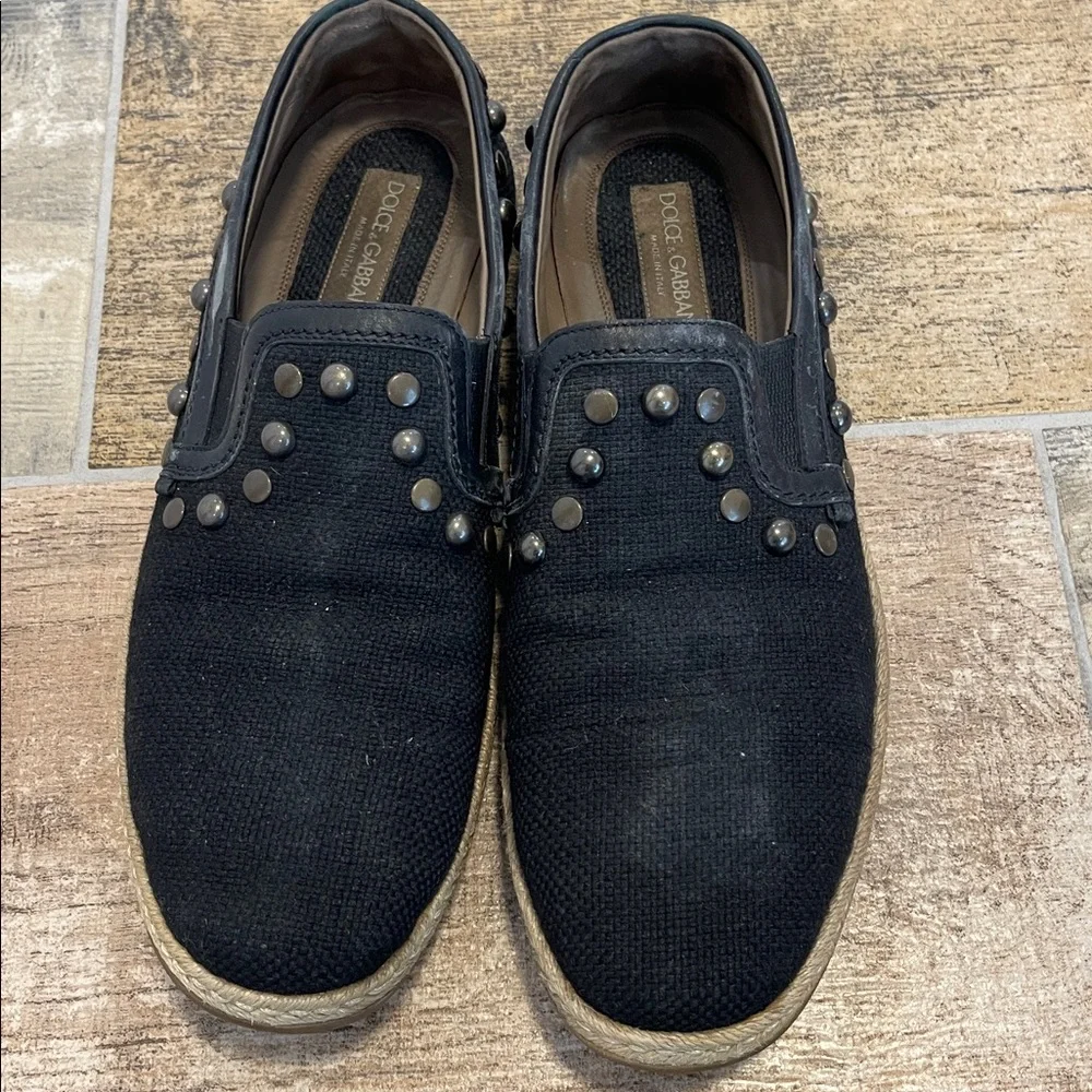 Dolce & Gabbana Mens Black Canvas Raffia Studded Loafers Size 10